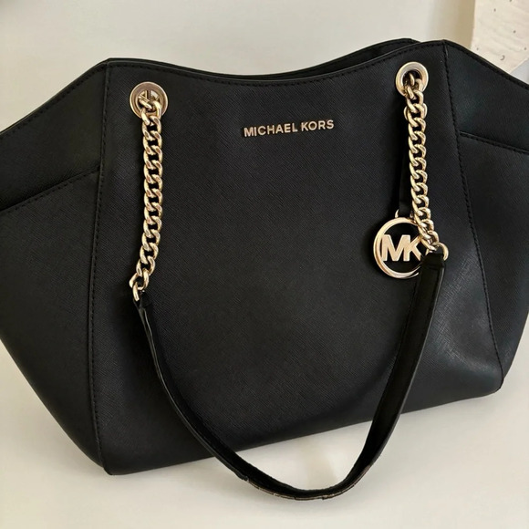 Michael Kors Jet Set Travel Large Saffiano Black Leather Chain Tote Shoulder Bag - Picture 2 of 13